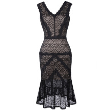 Kate Kasin V-Neck à manches longues V-Back Hips-Wrapped Mermaid Black Lace Bodycon Robe à crayons en soirée KK001079-1